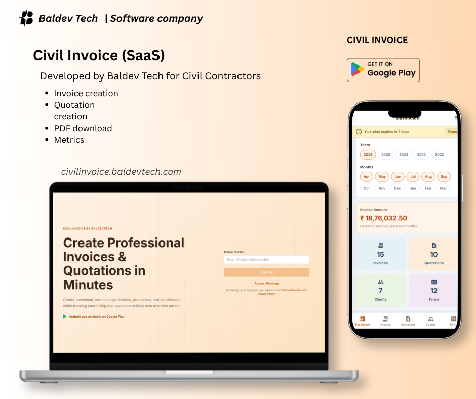 Civil Invoice app interface showing contractor invoicing features